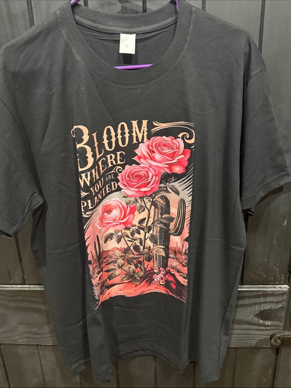 SHEIN Black Graphic Tee with Pink Rose Print